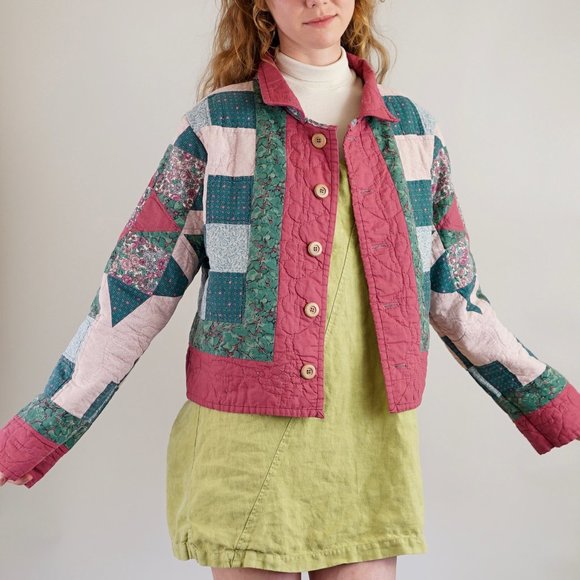 Hand Crafted Jackets & Blazers - Hand Made Patchwork Quilt Jacket in Pink and Green